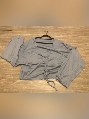 Plus size Light Blue Ruched v-neck Long Sleeve Top